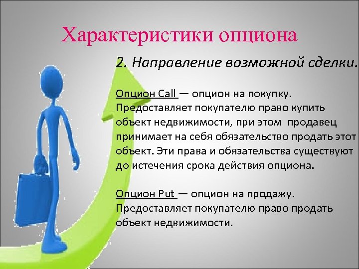 Характеристики опциона 2. Направление возможной сделки. Опцион Call — опцион на покупку. Предоставляет покупателю