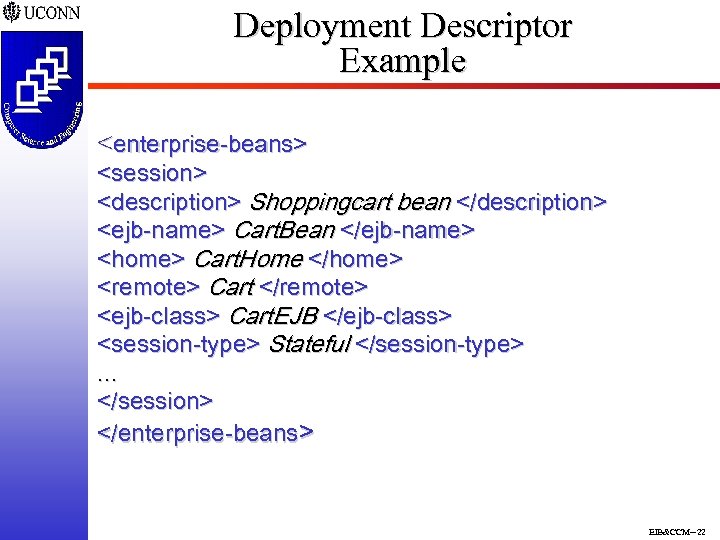 Deployment Descriptor Example <enterprise-beans> <session> <description> Shoppingcart bean </description> <ejb-name> Cart. Bean </ejb-name> <home>