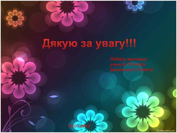 Дякую за увагу!!! Роботу виконала учениця 10 класу Білоконенко Тетяна 19. 01. 2014 