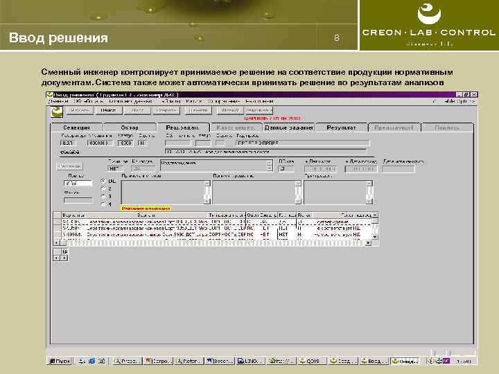 Ввод решения 8 Сменный инженер контролирует принимаемое решение на соответствие продукции нормативным документам. Система