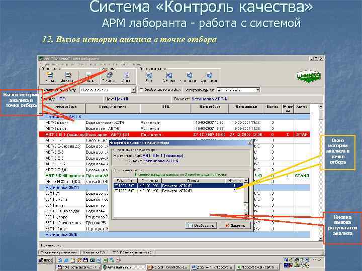 Система «Контроль качества» АРМ лаборанта - работа с системой 12. Вызов истории анализа в