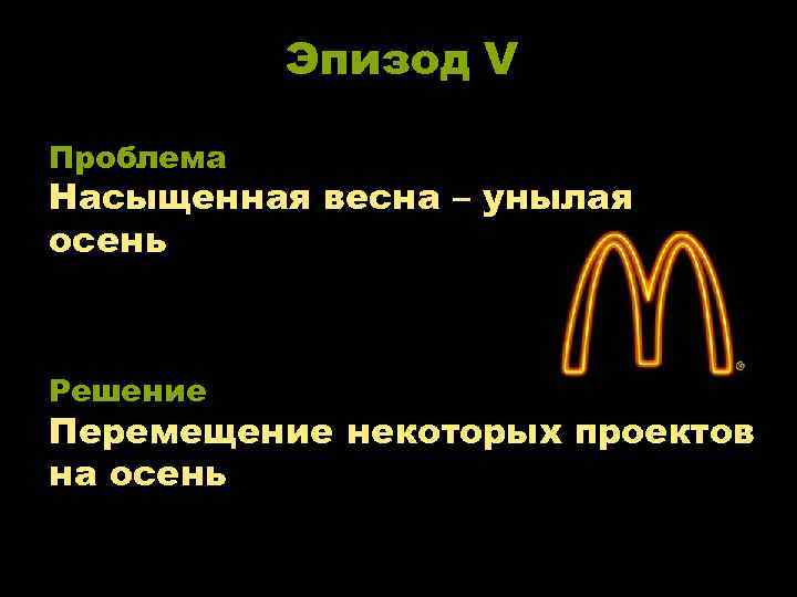 Эпизод V Проблема Насыщенная весна – унылая осень Решение Перемещение некоторых проектов на осень