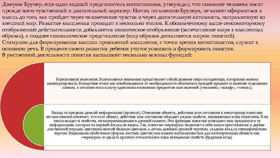 Джером Брунер, еще один видный представитель когнитивизма, утверждал, что познание человека носит прежде всего