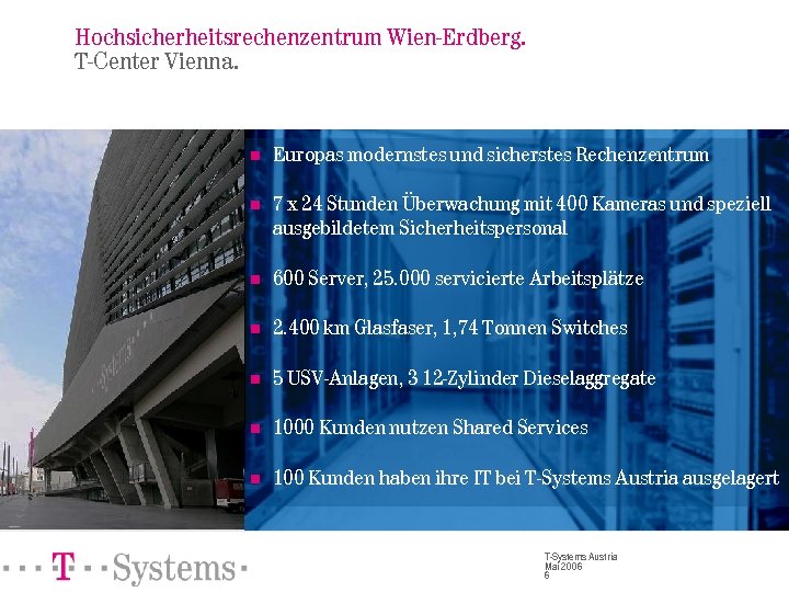 Hochsicherheitsrechenzentrum Wien-Erdberg. T-Center Vienna. n Europas modernstes und sicherstes Rechenzentrum n 7 x 24