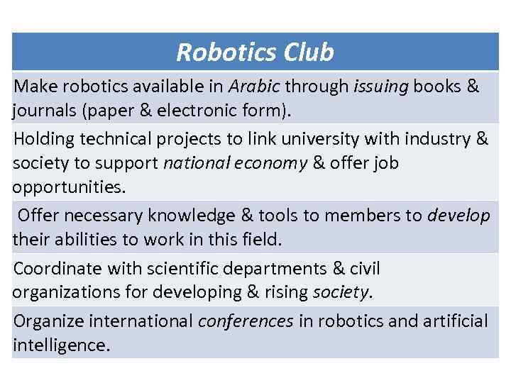 Robotics Club Make robotics available in Arabic through issuing books & journals (paper &