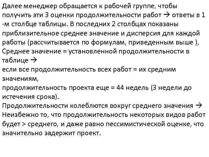 Далее менеджер обращается к рабочей группе, чтобы получить эти 3 оценки продолжительности работ ответы