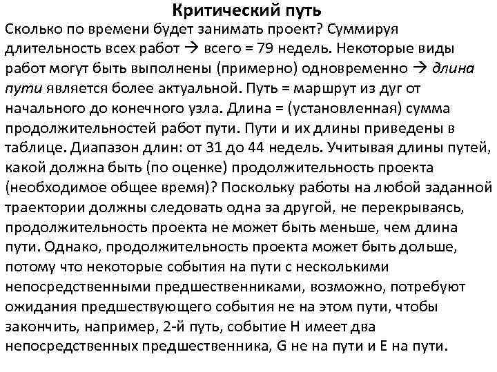 Критический путь Сколько по времени будет занимать проект? Суммируя длительность всех работ всего =