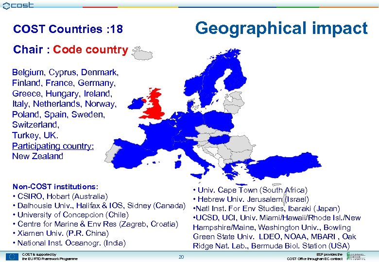 Geographical impact COST Countries : 18 Chair : Code country Belgium, Cyprus, Denmark, Finland,