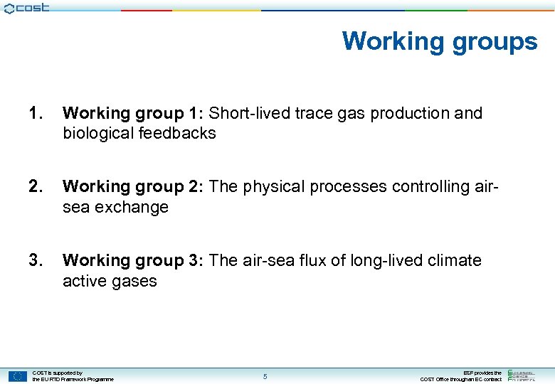Working groups 1. Working group 1: Short-lived trace gas production and biological feedbacks 2.