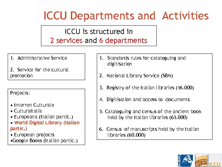 ICCU Departments and Activities ICCU is structured in 2 services and 6 departments 1.