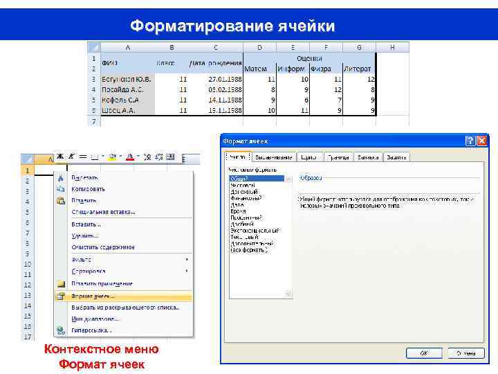 Форматирование ячейки Контекстное меню Формат ячеек 