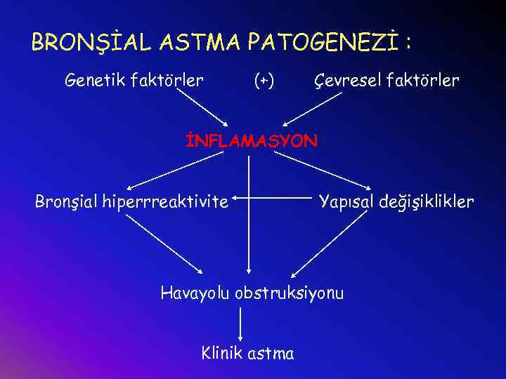 BRONŞİAL ASTMA PATOGENEZİ : Genetik faktörler (+) Çevresel faktörler İNFLAMASYON Bronşial hiperrreaktivite Yapısal değişiklikler