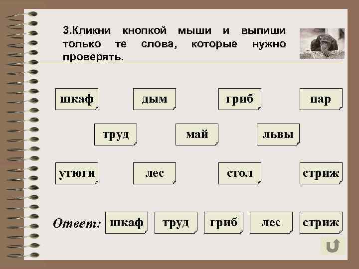 3. Кликни кнопкой мыши и выпиши только те слова, которые нужно проверять. шкаф дым