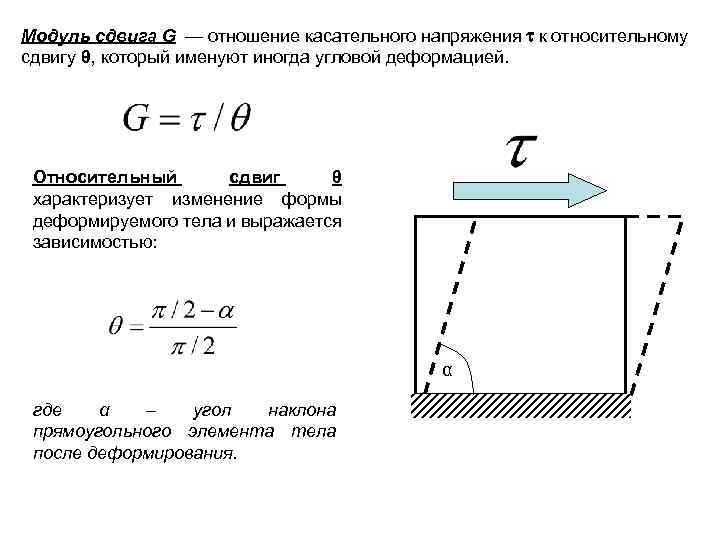 Модуль сдвига G — отношение касательного напряжения к относительному сдвигу θ, который именуют иногда