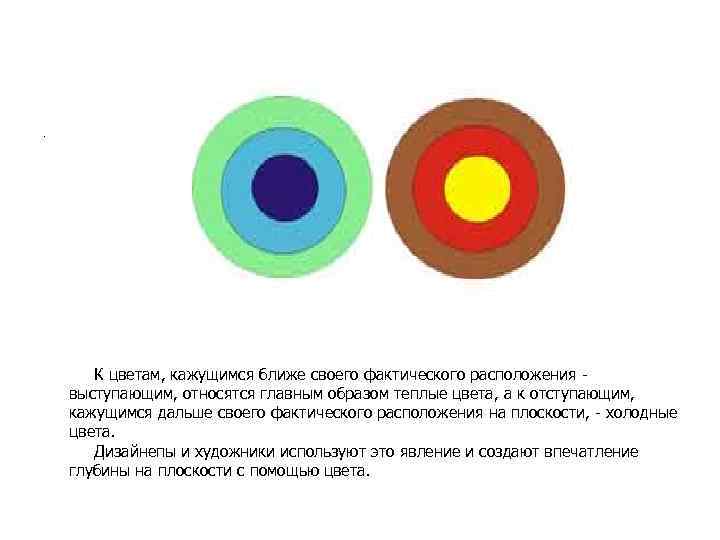 . . К цветам, кажущимся ближе своего фактического расположения выступающим, относятся главным образом теплые