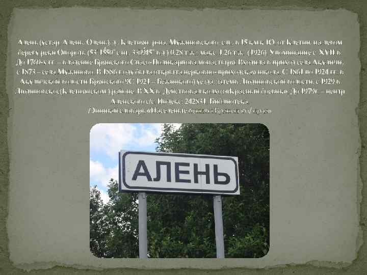 Алень (устар. Алень, Олень), д. , Клетнян. р-на, Мужиновского с. п. , в 15