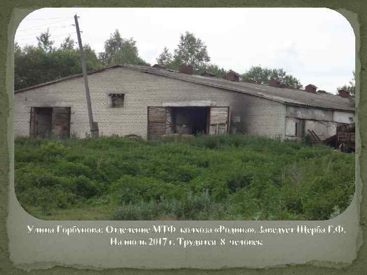 Улица Горбунова: Отделение МТФ колхоза «Родина» . Заведует Щерба Г. Ф. На июль 2017