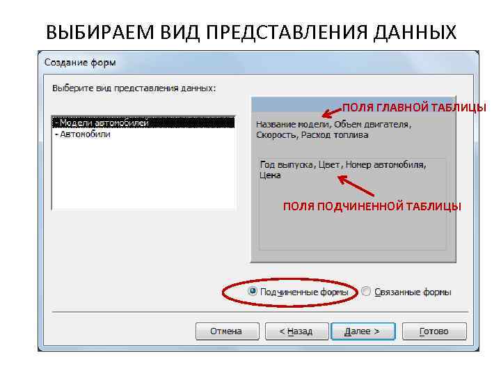 ВЫБИРАЕМ ВИД ПРЕДСТАВЛЕНИЯ ДАННЫХ ПОЛЯ ГЛАВНОЙ ТАБЛИЦЫ ПОЛЯ ПОДЧИНЕННОЙ ТАБЛИЦЫ 