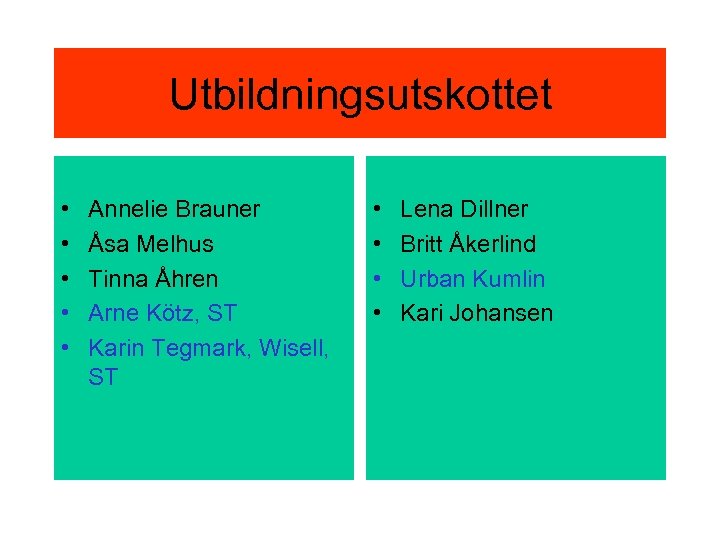 Utbildningsutskottet • • • Annelie Brauner Åsa Melhus Tinna Åhren Arne Kötz, ST Karin