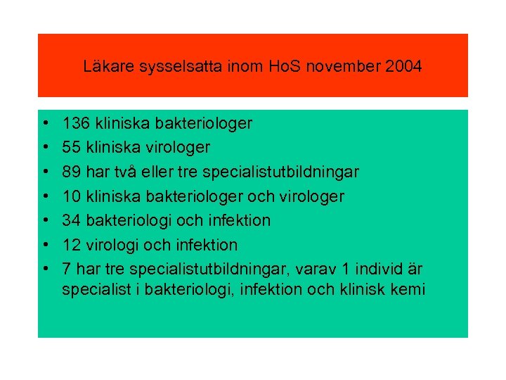 Läkare sysselsatta inom Ho. S november 2004 • • 136 kliniska bakteriologer 55 kliniska