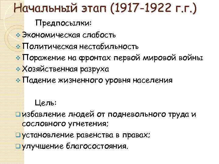 Начальный этап (1917 -1922 г. г. ) Предпосылки: v Экономическая слабость v Политическая нестабильность