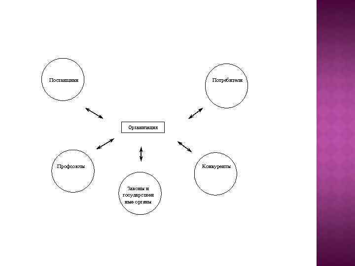 Поставщики Потребители Организация Профсоюзы Конкуренты Законы и государствен ные органы 
