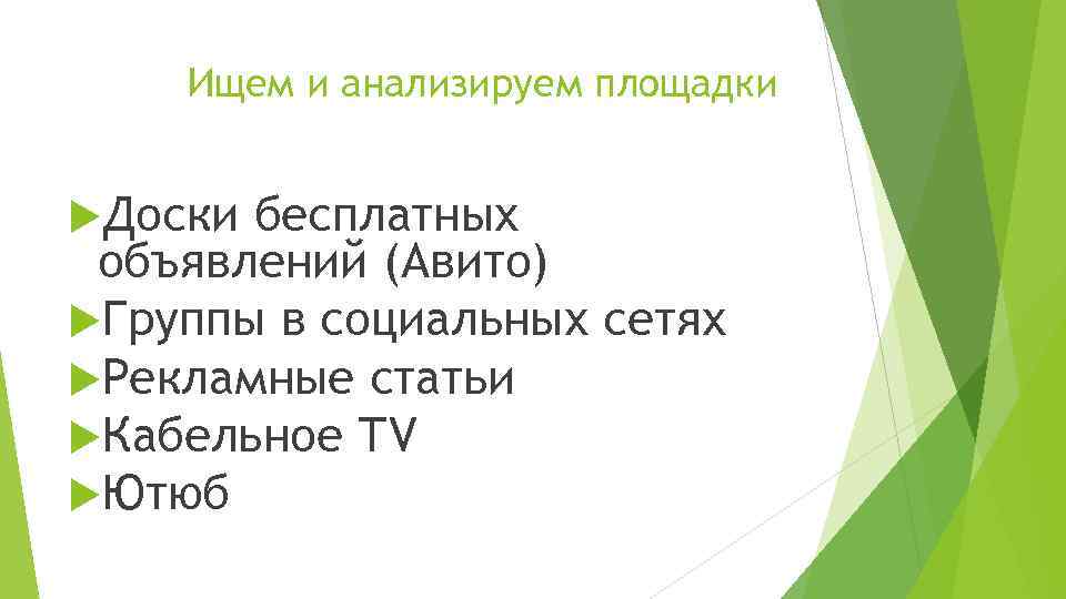 Ищем и анализируем площадки Доски бесплатных объявлений (Авито) Группы в социальных сетях Рекламные статьи