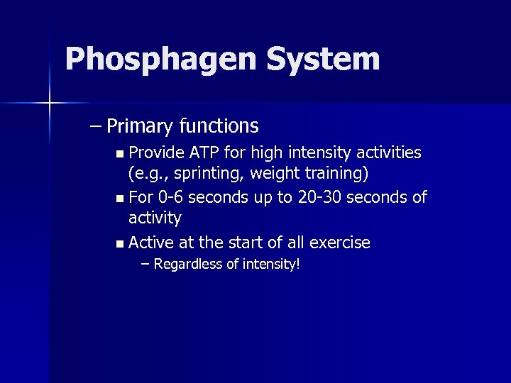 Phosphagen System – Primary functions n Provide ATP for high intensity activities (e. g.