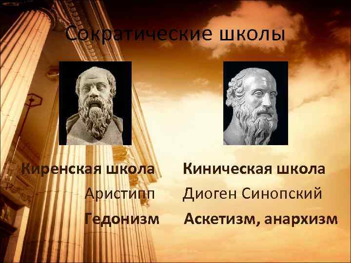 Сократические школы Киренская школа Киническая школа Аристипп Диоген Синопский Гедонизм Аскетизм, анархизм 