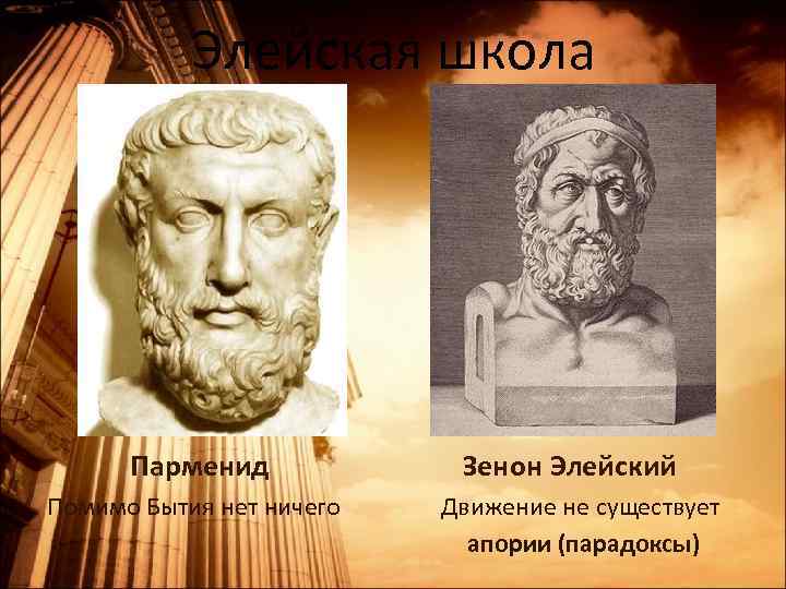 Элейская школа Парменид Зенон Элейский Помимо Бытия нет ничего Движение не существует апории (парадоксы)