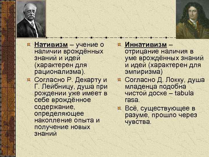Нативизм – учение о наличии врождённых знаний и идей (характерен для рационализма). Согласно Р.