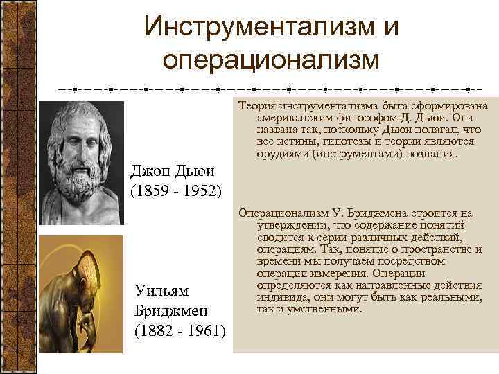Инструментализм и операционализм Теория инструментализма была сформирована американским философом Д. Дьюи. Она названа так,