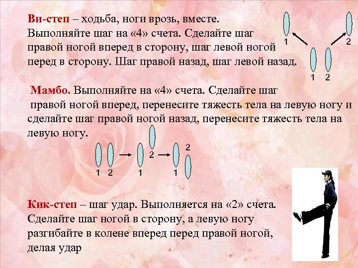 Ви-степ – ходьба, ноги врозь, вместе. Выполняйте шаг на « 4» счета. Сделайте шаг