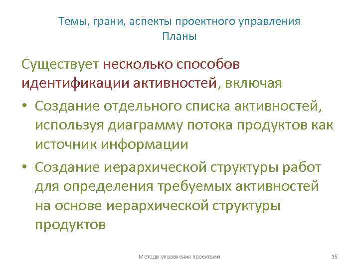 Темы, грани, аспекты проектного управления Планы Существует несколько способов идентификации активностей, включая • Создание