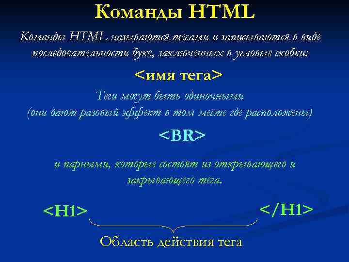 Команды HTML называются тегами и записываются в виде последовательности букв, заключенных в угловые скобки: