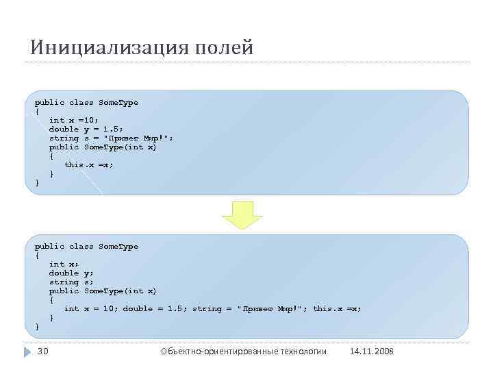 Инициализация полей public class Some. Type { int x =10; double y = 1.