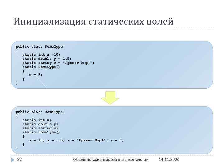 Инициализация статических полей public class Some. Type { static int x =10; static double