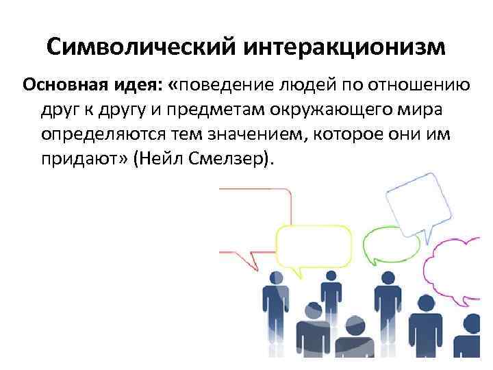 Символический интеракционизм Основная идея: «поведение людей по отношению друг к другу и предметам окружающего