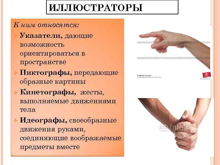 ИЛЛЮСТРАТОРЫ К ним относятся: v Указатели, дающие возможность ориентироваться в пространстве v Пиктографы, передающие