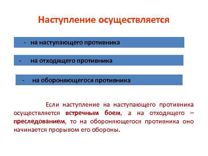 Наступление осуществляется на наступающего противника на отходящего противника на обороняющегося противника Если наступление на