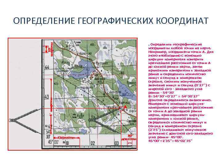 1' широты 10'' широты ОПРЕДЕЛЕНИЕ ГЕОГРАФИЧЕСКИХ КООРДИНАТ А 1' долготы 10'' долготы . Определить