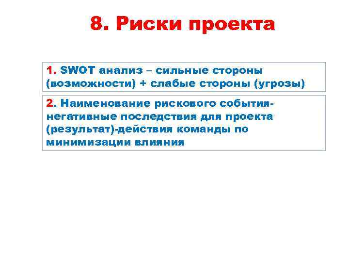 8. Риски проекта 1. SWOT анализ – сильные стороны (возможности) + слабые стороны (угрозы)