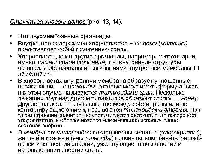 Структура хлоропластов (рис. 13, 14). • Это двухмембранные органоиды. • Внутреннее содержимое хлоропластов −