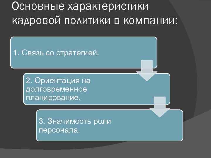 Основные характеристики кадровой политики в компании: 1. Связь со стратегией. 2. Ориентация на долговременное