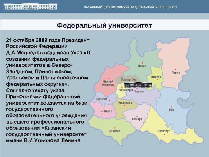 КАЗАНСКИЙ (ПРИВОЛЖСКИЙ) ФЕДЕРАЛЬНЫЙ УНИВЕРСИТЕТ Федеральный университет 21 октября 2009 года Президент Российской Федерации Д.