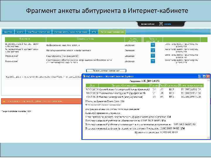 Фрагмент анкеты абитуриента в Интернет-кабинете 