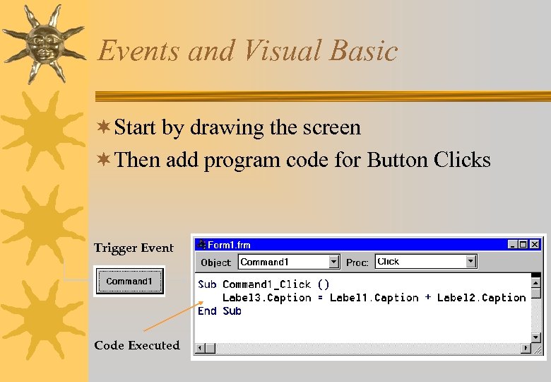 Events and Visual Basic ¬Start by drawing the screen ¬Then add program code for