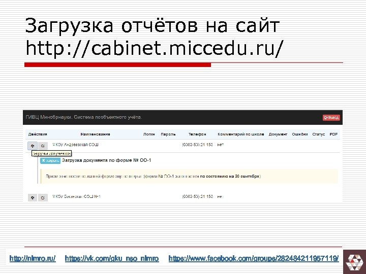 Загрузка отчётов на сайт http: //cabinet. miccedu. ru/ http: //nimro. ru/ https: //vk. com/gku_nso_nimro