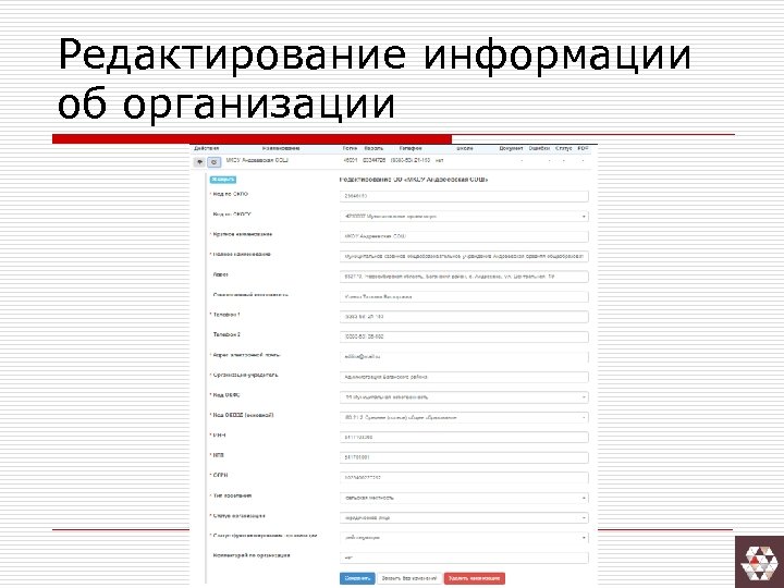 Редактирование информации об организации 