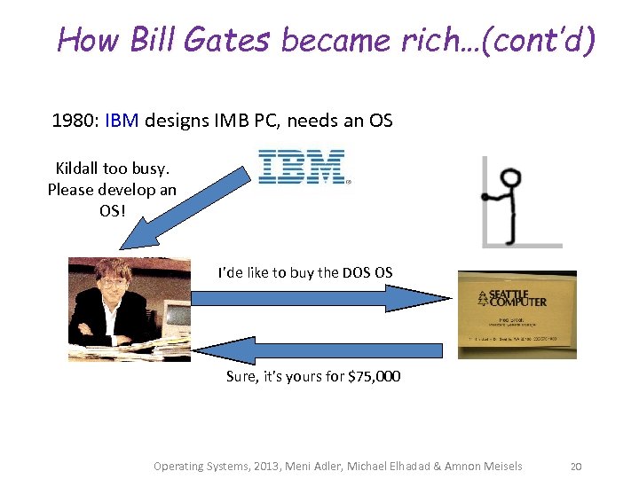 How Bill Gates became rich…(cont’d) 1980: IBM designs IMB PC, needs an OS Kildall